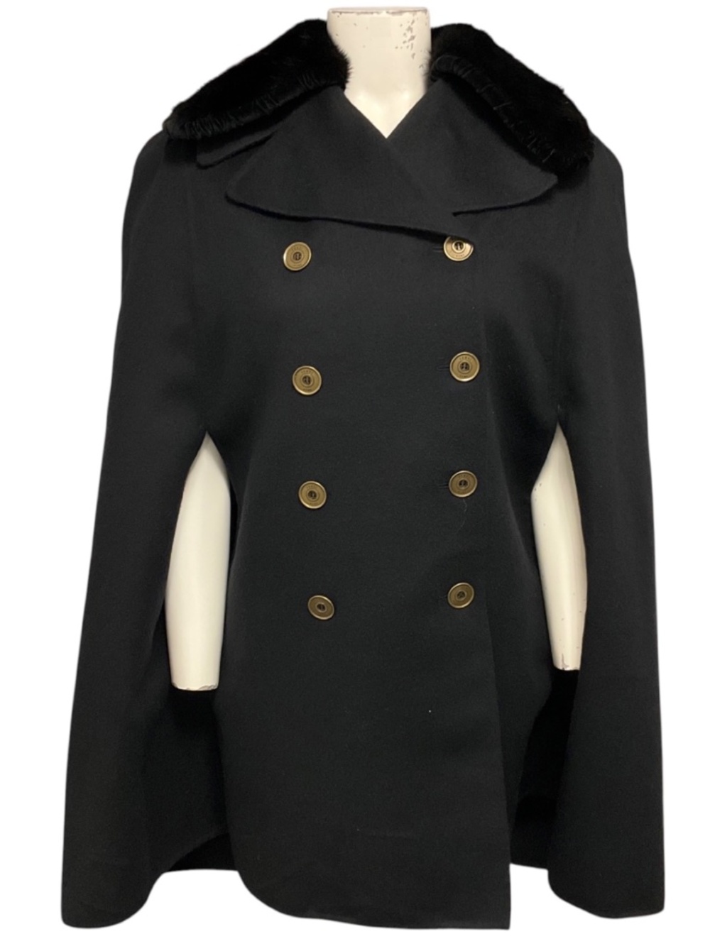 FENDI BLACK DOUBLE BREASTED WOOL CAPE COAT WITH MINK FUR COLLAR
